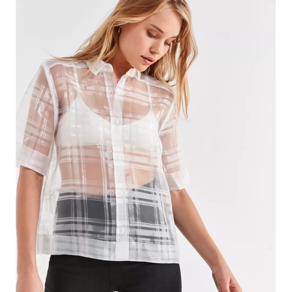 Urban Outfitters Sheer Plaid Button Down Top - Picture 1 of 5